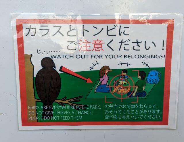 「海の中道海浜公園」園内に掲示されているポスター「カラスとトンビにご注意ください」の画像